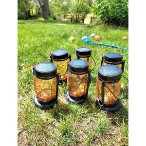 2 Pack Outdoor Hanging Solar Lantern, Cat & Dog Butterfly Theme Vintage Glass